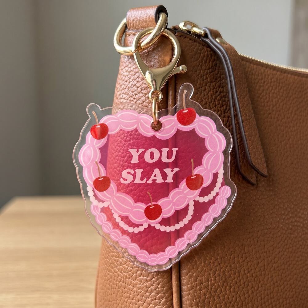 3/$25 - You Slay Cherry Heart Acrylic Bag Charm Keychain NWT